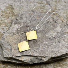 Load image into Gallery viewer, Two high-shine plain brass diamonds stacked pendant on a 16&quot; sterling silver chain recycled drum cymbal musical wearable art
