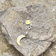 Load image into Gallery viewer, High-shine plain brass crescent moon pendant sterling silver chain recycled drum cymbal musical wearable art
