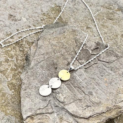 Top brass bottom two silver three solid circles down pendant necklace sterling chain recycled bread plate drum cymbal restyled wearable handmade art