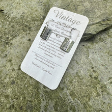 Load image into Gallery viewer, Small square earrings short sterling fish hook wire vintage trivet recycled restyled antique to new artisan jewellery Canadian made
