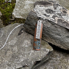 Load image into Gallery viewer, Layered rectangle pendant necklace sterling silver silver chain vintage silver over patinated copper recycled restyled handmade Canadian jewellery