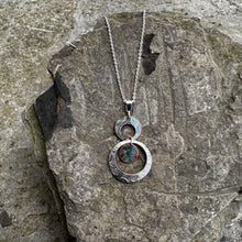 Load image into Gallery viewer, Three circle earth necklace two copper one silver sterling chain patinated copper & vintage silver recycled antique bread plate restyled handmade Canadian jewellery