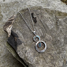 Load image into Gallery viewer, Three circle earth necklace two copper one silver sterling chain patinated copper & vintage silver recycled antique bread plate restyled handmade Canadian jewellery