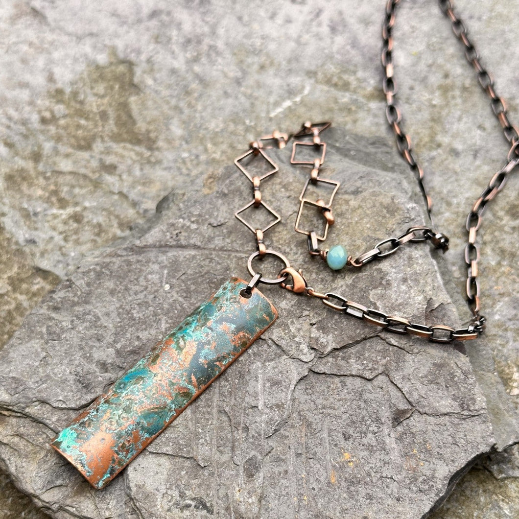 Rectangle pendant necklace copper with blue-green patina copper chain recycled copper restyled artisan jewellery