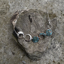 Load image into Gallery viewer, Five across circle necklace mixed metal vintage silver and recycled patinated copper adjustable sterling chain restyled handmade Canadian artisan jewellery