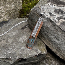 Load image into Gallery viewer, Layered rectangle pendant necklace sterling silver silver chain vintage silver over patinated copper recycled restyled handmade Canadian jewellery