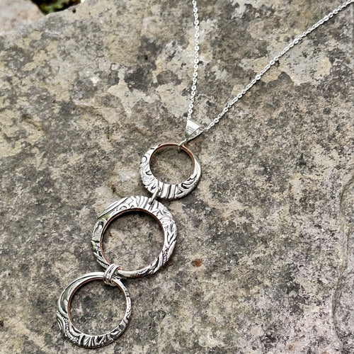 Three open circle down pendant necklace sterling silver chain vintage bread plate handmade oneofakind artisan jewellery