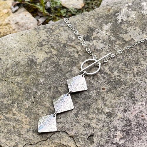 Three diamond down pendant necklace sterling silver chain recycled vintage serving tray restyled wearable art