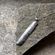Load image into Gallery viewer, Angled bar pendant necklace sterling chain vintage antique pot lid recycled restyled Canadian handmade wearable art