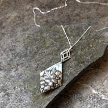 Load image into Gallery viewer, Double down diamond/kite shape pendant necklace sterling chain vintage antique serving bowl & casserole recycled restyled Canadian handmade wearable art