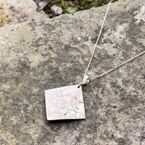 Floral print diamond pendant sterling silver chain vintage serving tray recycled restyled sustainable wearable artful jewellery