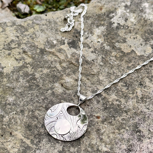 Layered circle pendant necklace sterling silver chain vintage serving tray recycled restyled handmade artisan jewellery