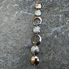 Load image into Gallery viewer, Mixed circle sun bracelet copper and silver, solid and open circles recycled hydro wire restyled vintage new wearable art Canadian artisan handmade jewellery