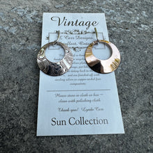Load image into Gallery viewer, Large circle earrings one copper one silver finished on sterling ear wires high shine recycled copper restyled vintage bread plate wearable art handmade jewellery Canadian artisan made