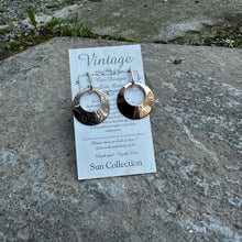 Load image into Gallery viewer, Large circle earrings one copper one silver finished on sterling ear wires high shine recycled copper restyled vintage bread plate wearable art handmade jewellery Canadian artisan made