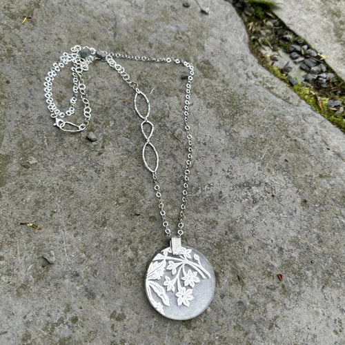 Long adjustable necklace circle pendant silver glass overlay sterling chain recycled restyled reloved artisan handmade Canadian jewellery