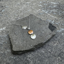 Load image into Gallery viewer, Three circle sun necklace two silver one copper dainty sterling chain highshine copper & vintage silver recycled hydro wire antique bread plate restyled handmade Canadian jewellery