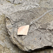 Load image into Gallery viewer, High-shine textured copper diamond pendant necklace recycled restyled hydro wire sterling silver chain handmade artisan jewellery
