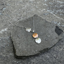 Load image into Gallery viewer, Three circle sun necklace two silver one copper dainty sterling chain highshine copper & vintage silver recycled hydro wire antique bread plate restyled handmade Canadian jewellery