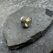 Load image into Gallery viewer, Layered wrap ring vintage silver bread plate hydro wire copper dot accent recycled restyled wearable art handmade artisan jewellery