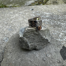Load image into Gallery viewer, Layered wrap ring vintage silver bread plate hydro wire copper dot accent recycled restyled wearable art handmade artisan jewellery
