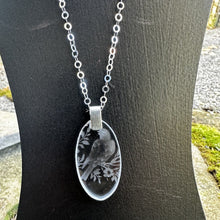 Load image into Gallery viewer, Etched glass oval pendant necklace adjustable sterling chain 1700s bird design etched glass plate vintage antique recycled restyled Canadian handmade wearable art