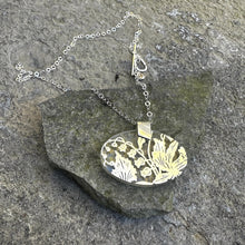 Load image into Gallery viewer, Large glass oval side pendant necklace sterling chain with toggle 1800s floral silver glass overlay vintage antique recycled restyled Canadian handmade wearable art