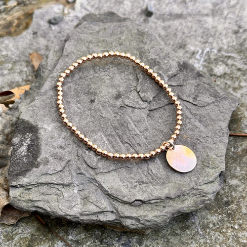 Beaded bracelet rose gold with copper circle charm recycled hydro copper restyled wearable art