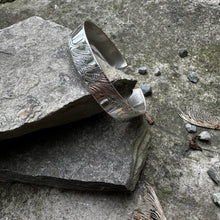 Load image into Gallery viewer, Skinny band cuff bracelet vintage serving tray recycled restyled artisan jewellery Canadian made wearable art