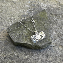 Load image into Gallery viewer, Small glass rectangle side pendant necklace dainty sterling chain 1800s floral silver glass overlay vintage antique recycled restyled Canadian handmade wearable art