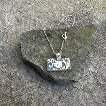 Load image into Gallery viewer, Small glass rectangle side pendant necklace dainty sterling chain 1800s floral silver glass overlay vintage antique recycled restyled Canadian handmade wearable art