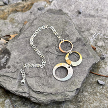 Load image into Gallery viewer, Three open circle bracelet pull through wrap medium circle sterling silver chain adjustable mixed metals recycled restyled vintage old new
