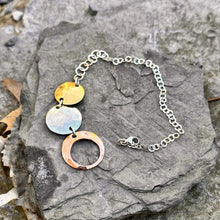 Load image into Gallery viewer, Three circle bracelet pull through wrap open copper solid silver and brass circles large and medium circle sterling silver chain adjustable mixed metals recycled restyled vintage old new

