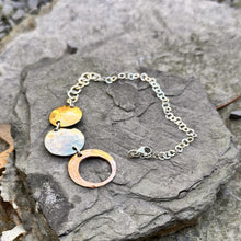 Load image into Gallery viewer, Three circle bracelet pull through wrap open copper solid silver and brass circles large and medium circle sterling silver chain adjustable mixed metals recycled restyled vintage old new
