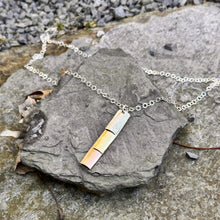 Load image into Gallery viewer, Layered rectangle pendant necklace. Small silver, medium brass, long copper recycled copper, cymbal, serving tray vintage restyled artisan jewellery
