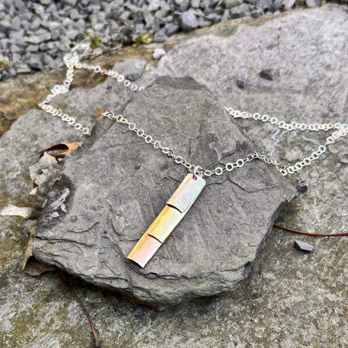 Layered rectangle pendant necklace. Small silver, medium brass, long copper recycled copper, cymbal, serving tray vintage restyled artisan jewellery