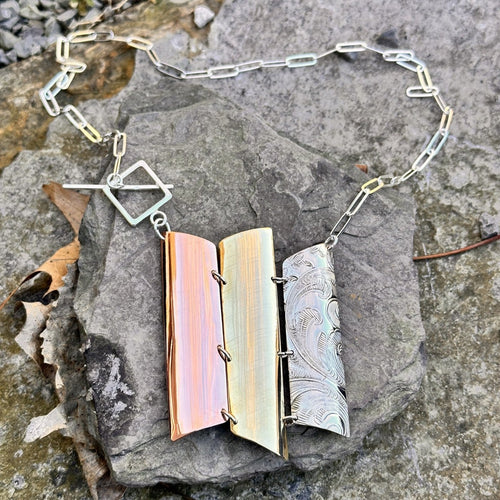 Large three section necklace off-square copper brass silver sterling paper clip chain square toggle front recycled metals restyled wearable art