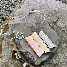 Load image into Gallery viewer, Large three section necklace off-square copper brass silver sterling paper clip chain square toggle front recycled metals restyled wearable art
