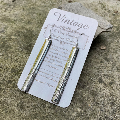 Long narrow silver bar earrings short sterling ear wire recycled antique serving tray