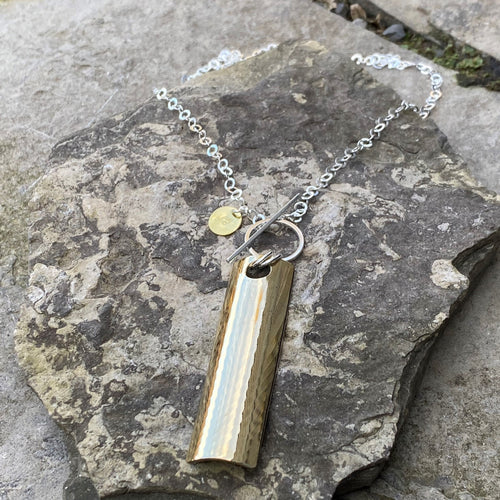 High shine plain rectangle pendant necklace toggle front sterling silver chain recycled drum cymbal restyled handmade artisan jewellery