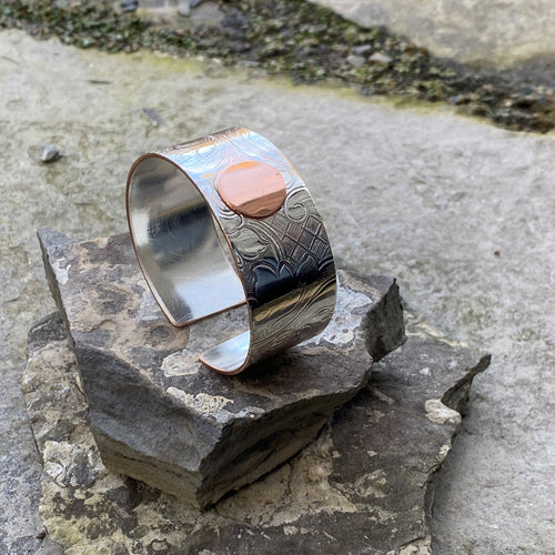 Medium cuff bracelet vintage silver band copper dot layered accent recycled restyled everyday wearable art jewellery fashion accessories