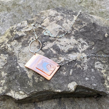 Load image into Gallery viewer, Side bar necklace plain high shine copper vintage silver layered accent recycled restyled Canadian handmade artisan jewellery
