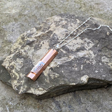 Load image into Gallery viewer, High-shine plain copper pendant layered vintage silver accent piece on an 18&quot; sterling silver chain recycled restyled reloved restored handmade artisan jewellery
