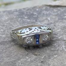 Load image into Gallery viewer, Art Deco Ring  ~ Circa 1920 18K White Gold 2.3g Size 7.5 Diamonds &amp; Sapphires old European cut
