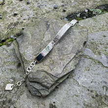 Load image into Gallery viewer, Skinny three section link bracelet vintage silver serving tray recycled restyled artisan jewellery Canadian made wearable art
