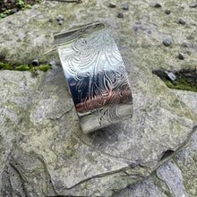 Load image into Gallery viewer, Medium band cuff bracelet vintage serving tray recycled restyled artisan jewellery Canadian made wearable art
