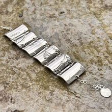 Load image into Gallery viewer, Heavy 6 section link bracelet rectangles floral sterling silver recycled serving tray vintage antique handmade artisan fashion jewellery
