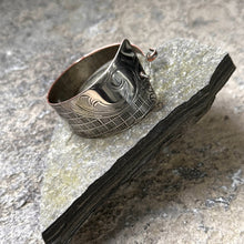 Load image into Gallery viewer, Funky cuff bracelet vintage serving tray recycled restyled artisan jewellery Canadian made wearable art
