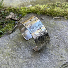 Load image into Gallery viewer, Medium cuff bracelet adjustable recycled vintage serving tray restyled Canadian artisan jewellery oneofakind wearable art
