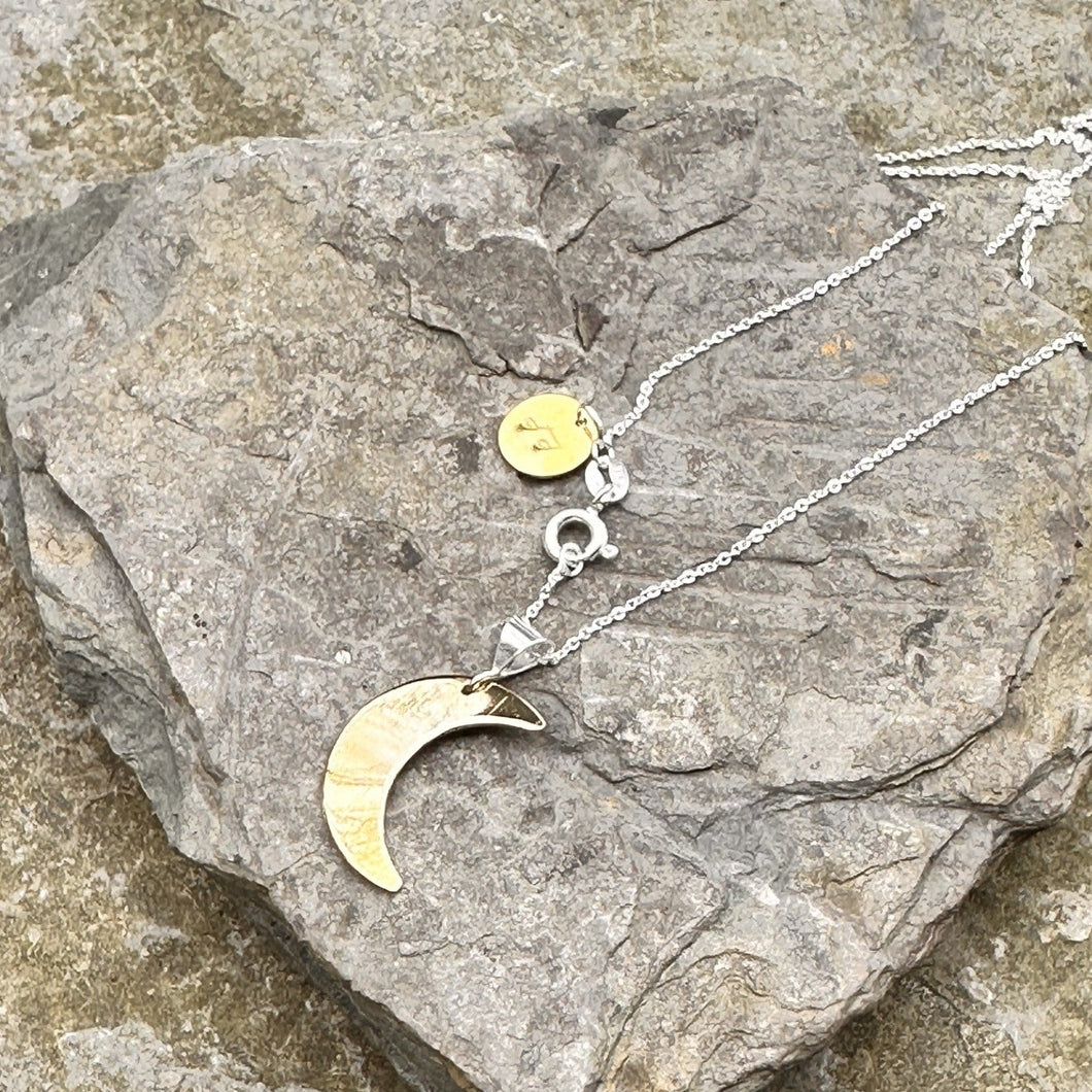 High-shine plain brass crescent moon pendant sterling silver chain recycled drum cymbal musical wearable art